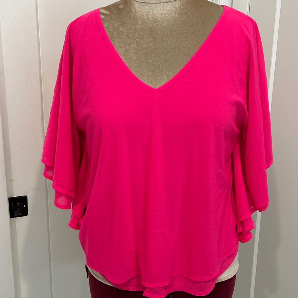 Jennifer Lopez Hot Pink Double Layered Bat Wing Blouse |Size Large - Picture 3 of 11